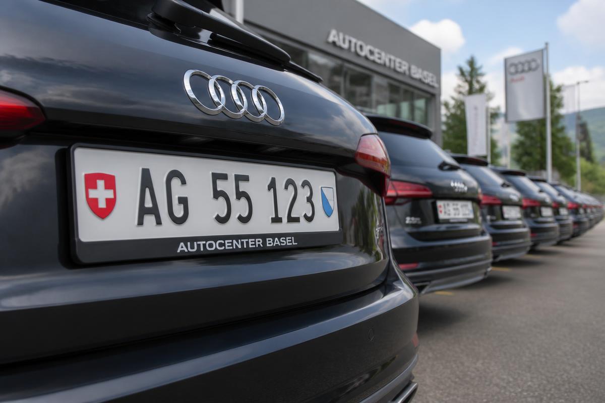 Fahrzeugreihe auf einem Schweizer Autoplatz mit gebrandeten Kennzeichenhaltern